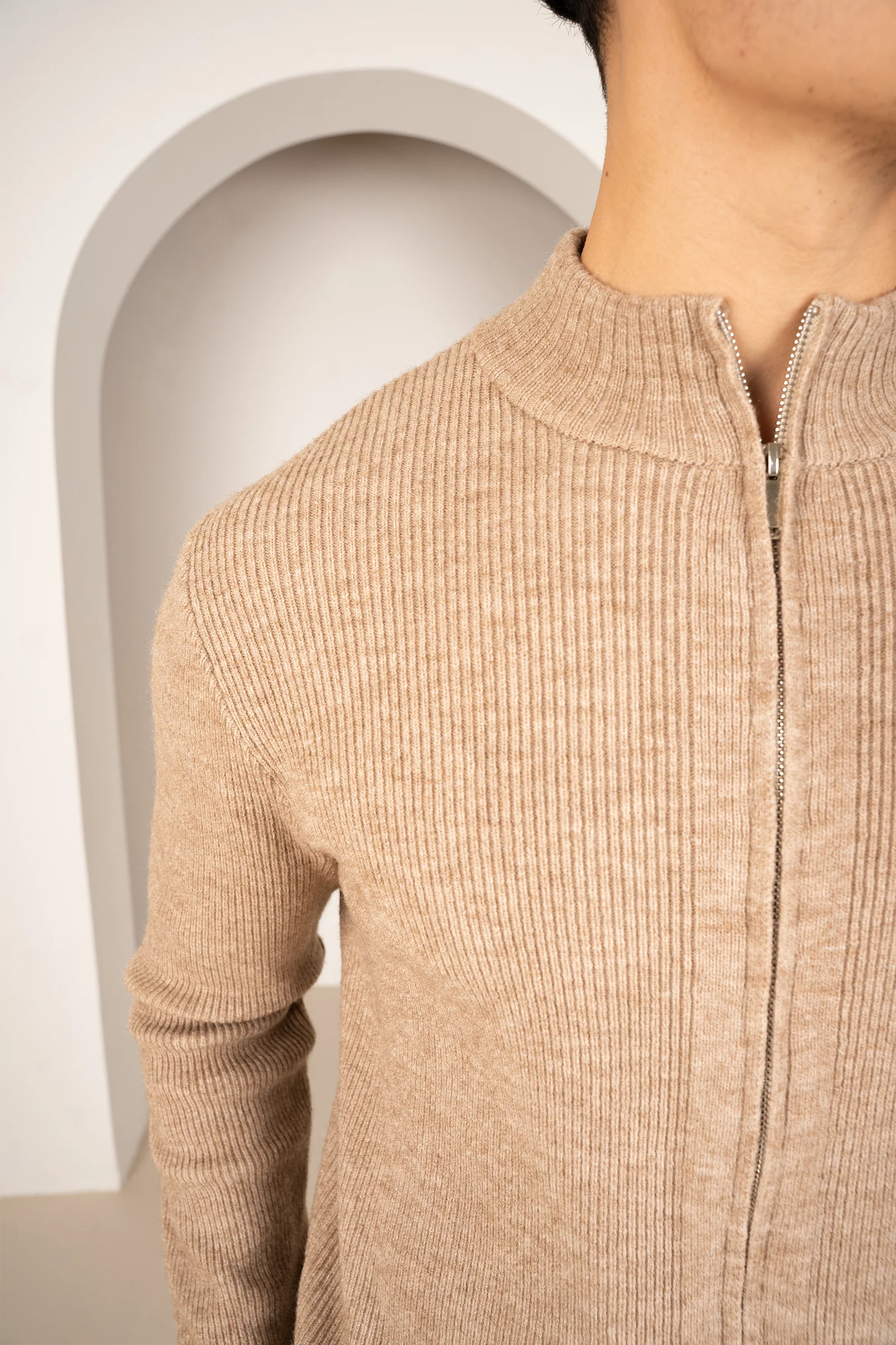 Ribbed Zip-Up Cardigan - Oatmeal