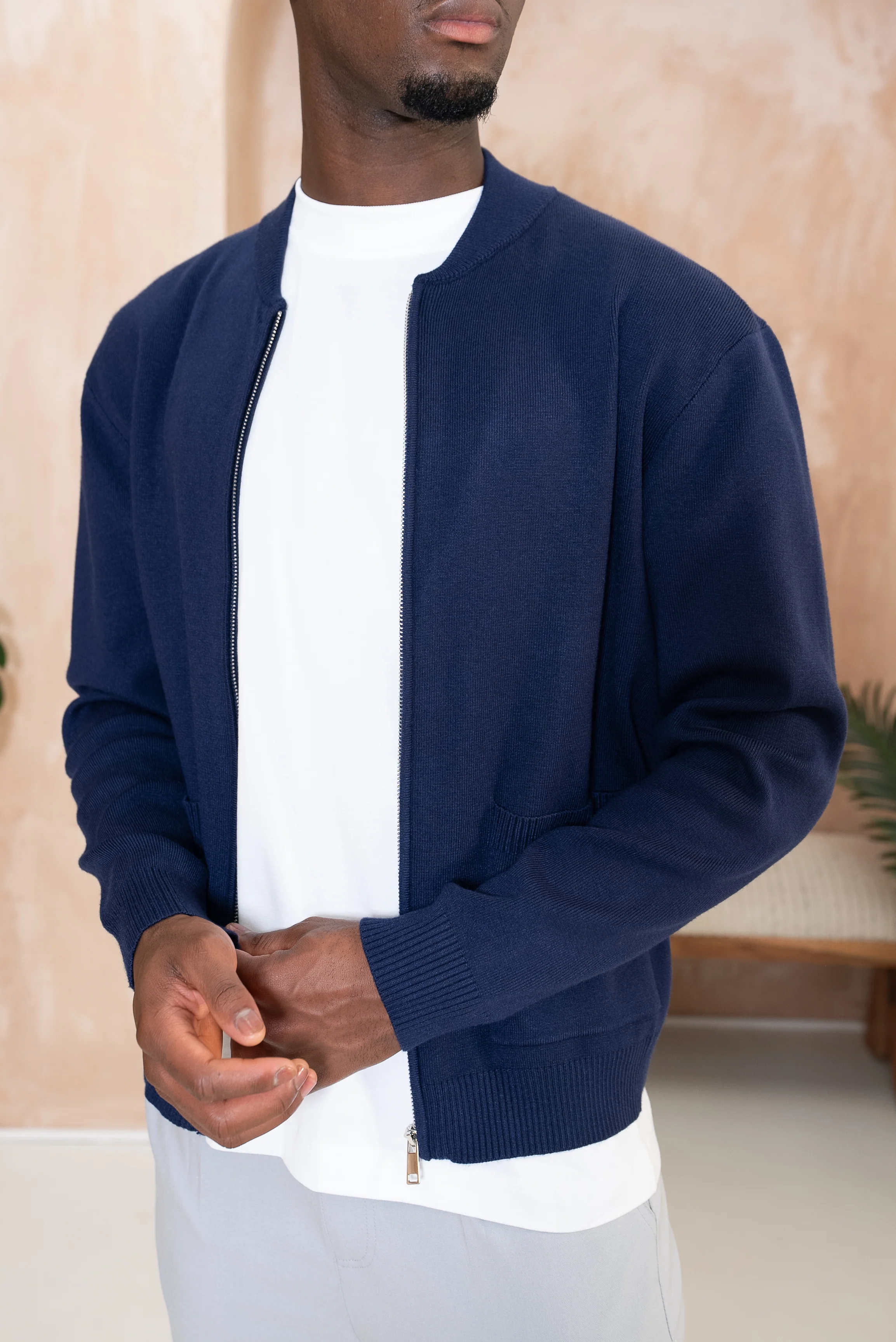Knitted Zip Up Bomber Jacket - Navy