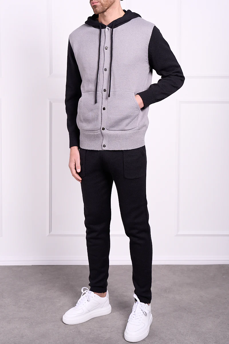 Panel Knitted Popper Hoody - Black