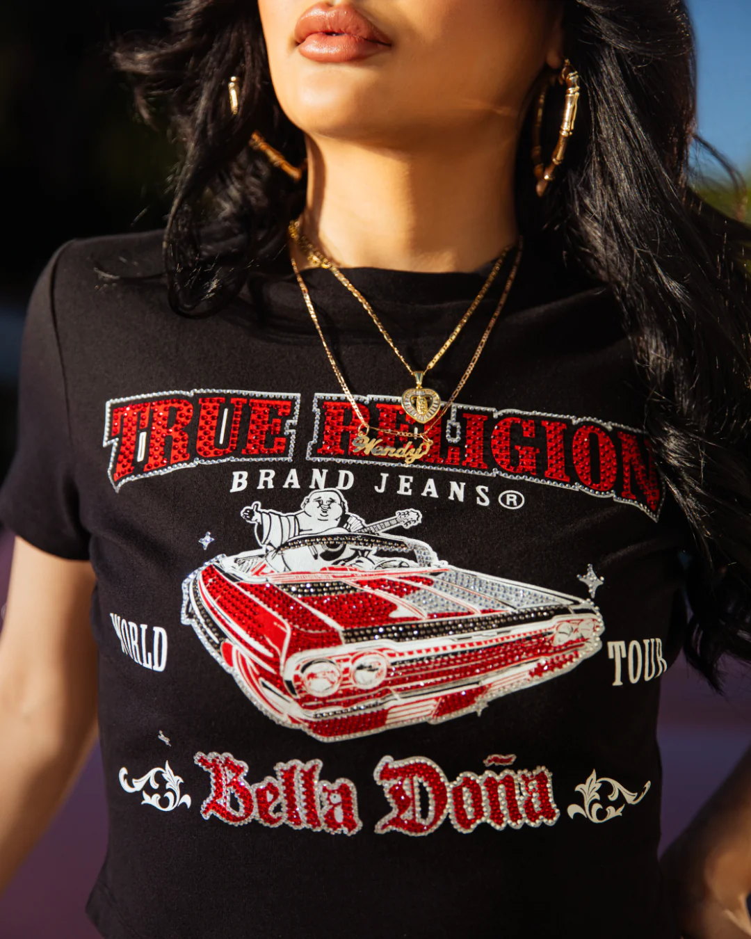 True Religion x Bella Doña Low Rider Crystal Baby Tee - Jet Black