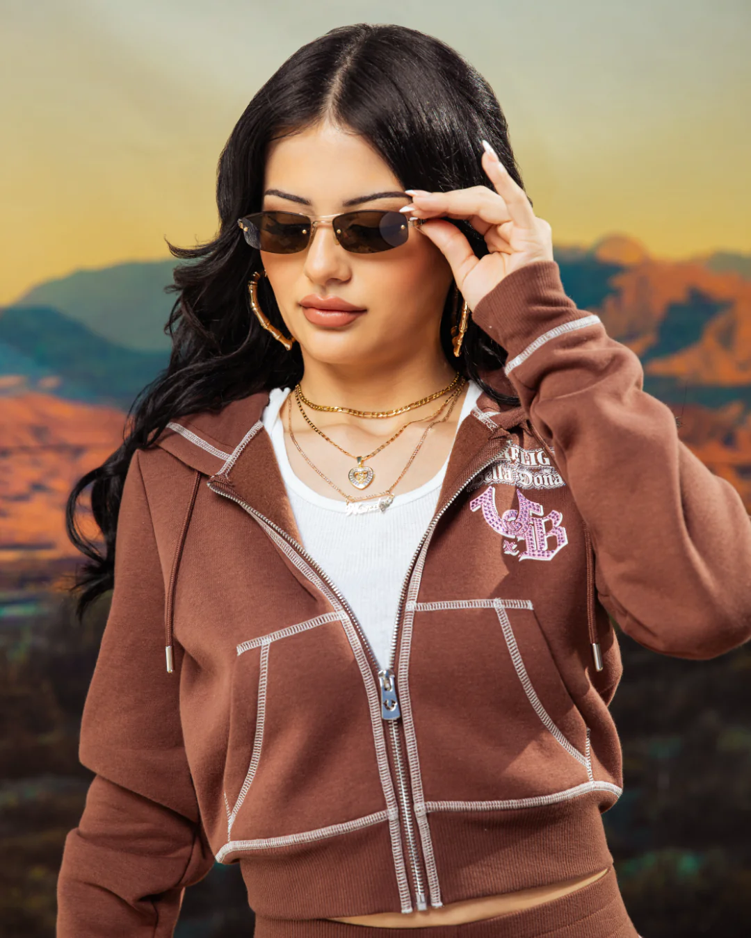 True Religion x Bella Doña - Crystal Shrunken Zip Hoodie - Chocolate