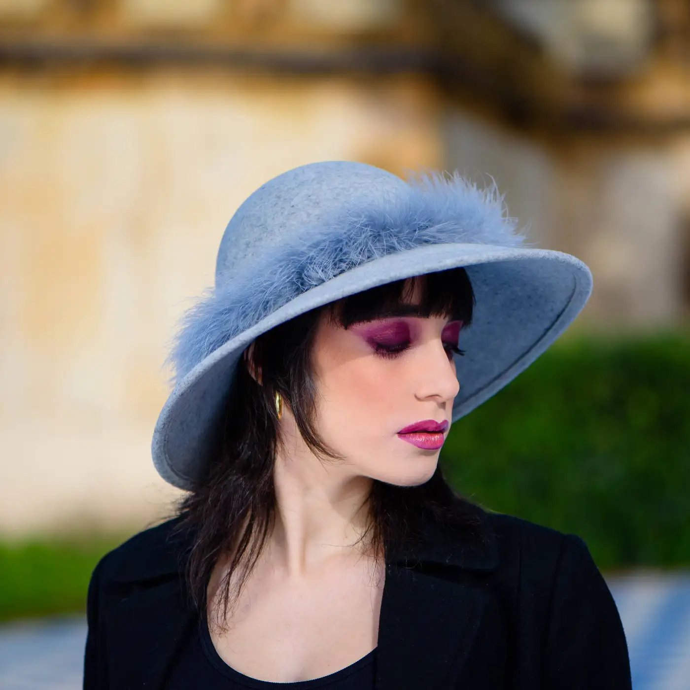 Cappello a Pamela in Feltro di Lana Merinos con Girotesta in Marabou