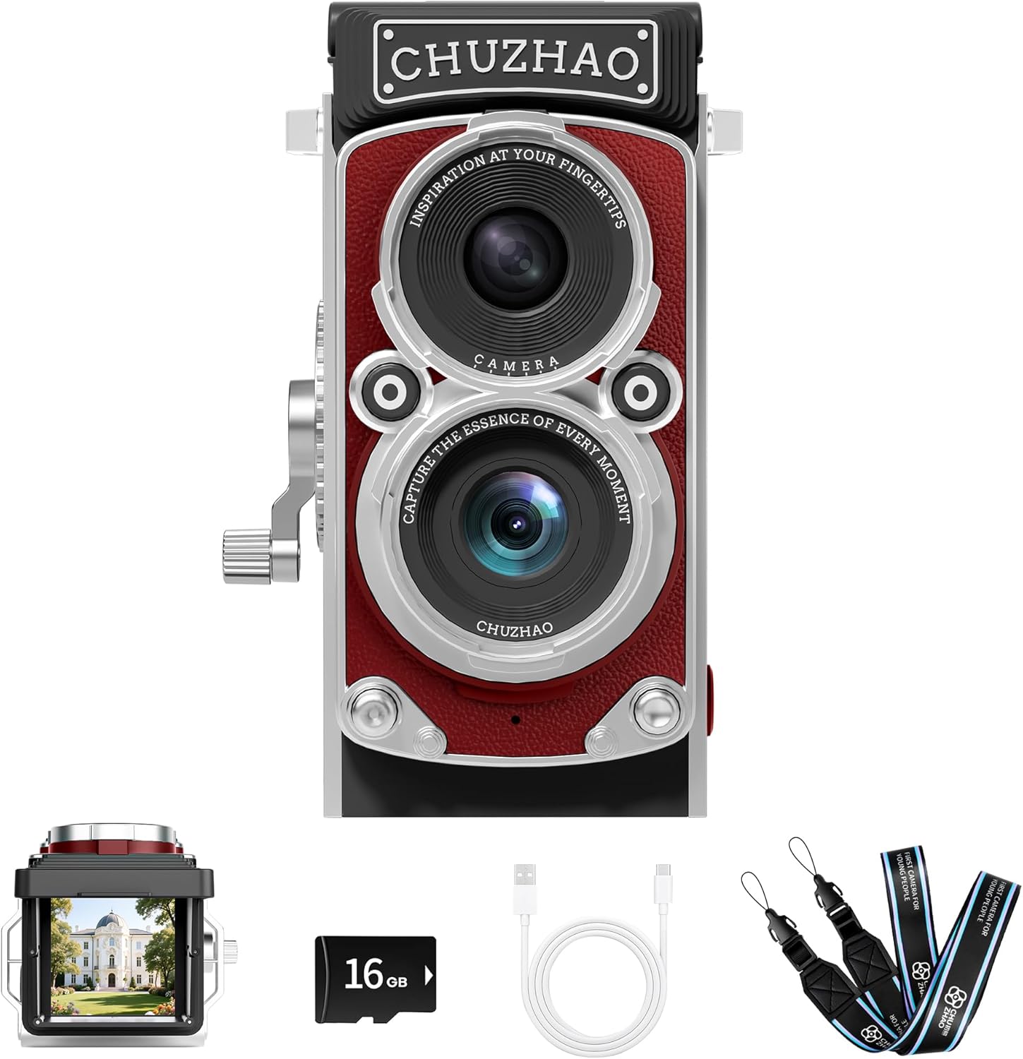 CHUZHAO Vintage Mini Digital Camera, Portable TLR Style Retro Point and Shoot Compact Small Pocket 1080P FHD Video 12MP Autofocus Vlogging Camera with 16 GB Card for Beginners Teens Adults Black