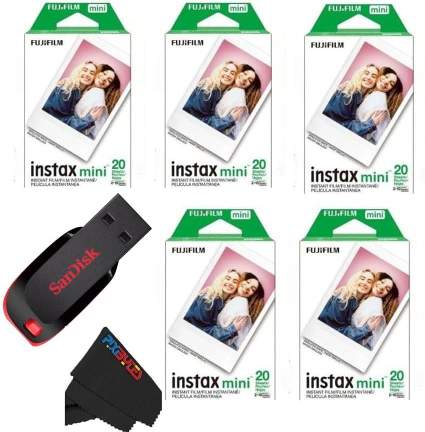 Fujifilm Instax Mini Instant Daylight Film for Instant Camera with USB and PixiBytes Microfiber Cleaning Cloth... (2 x Twin Packs + USB)