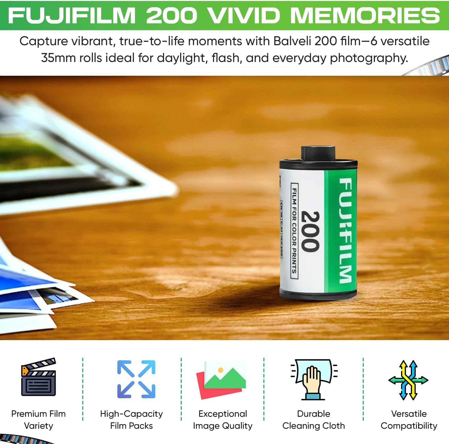 200 35mm Film Bundle, 6 Rolls (2x3 Pack) 36 Exp Each, Includes Premium Balveli Microfiber Cleaning Cloth -Fuji 35 mm Film Roll for Film Camera 35mm-fujifilm - Fuji 200