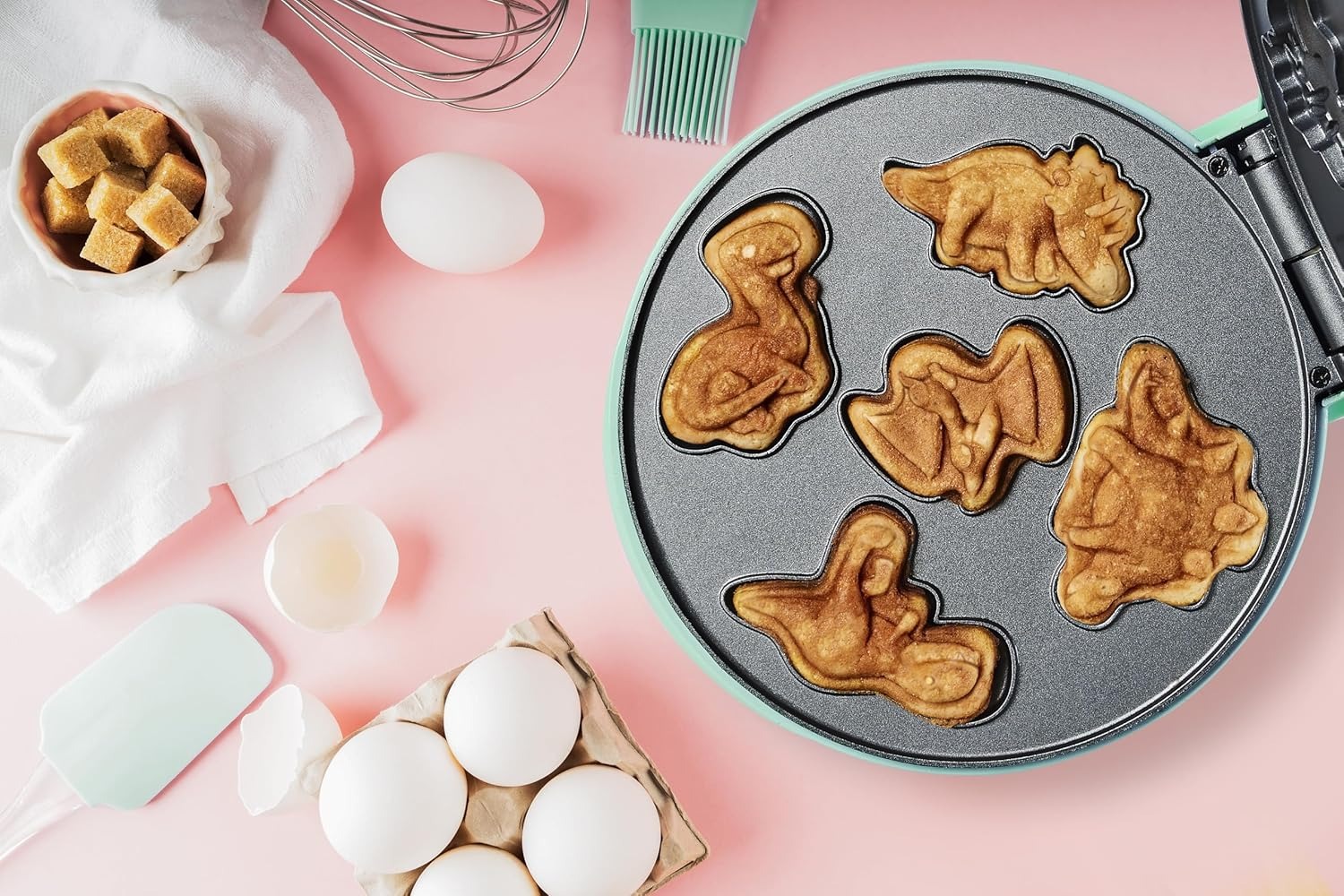 Bestron Piastra per waffle Mini Cookie Dino, Mini Cookie Maker, motivo: Dinosauro, Piastra per waffle per Mini Waffle Biscotti con Forno e Rivestimento Antiaderente, 700 Watt, colore: Menta