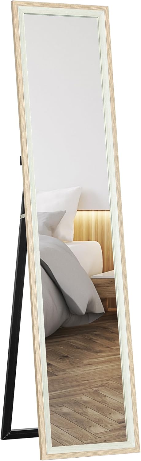 HOMCOM Specchio da Terra Moderno a Figura Intera, Specchio da Parete e Autoportante Bicolore per Camera da Letto e Ingresso, 37x157 cm, Bianco e Legno