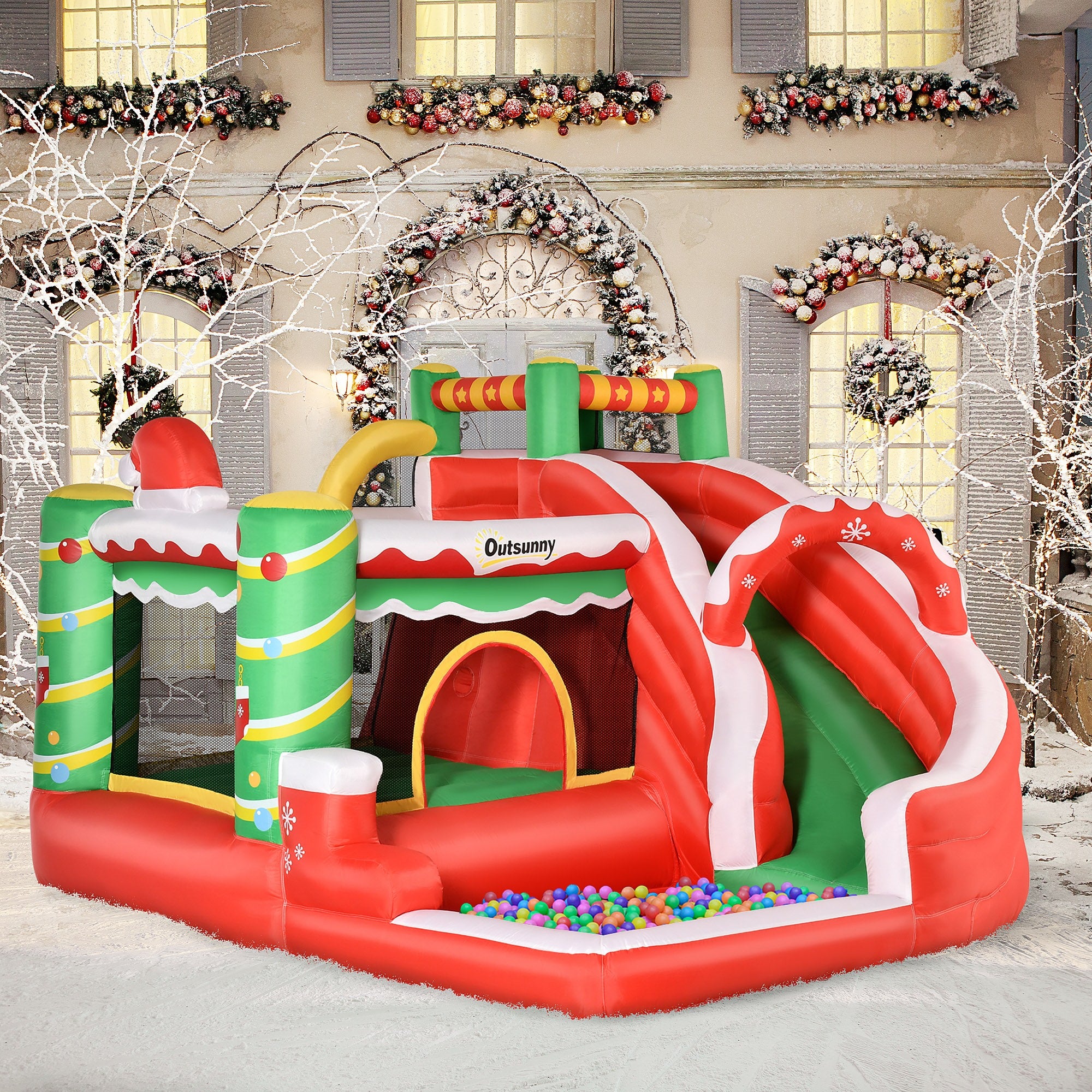 EASYCOMFORT  Castello Gonfiabile Gigante a Tema Natalizio per Bambini 3-8 Anni con Scivolo e Accessori Montaggio, 290x280x220cm - Multicolore