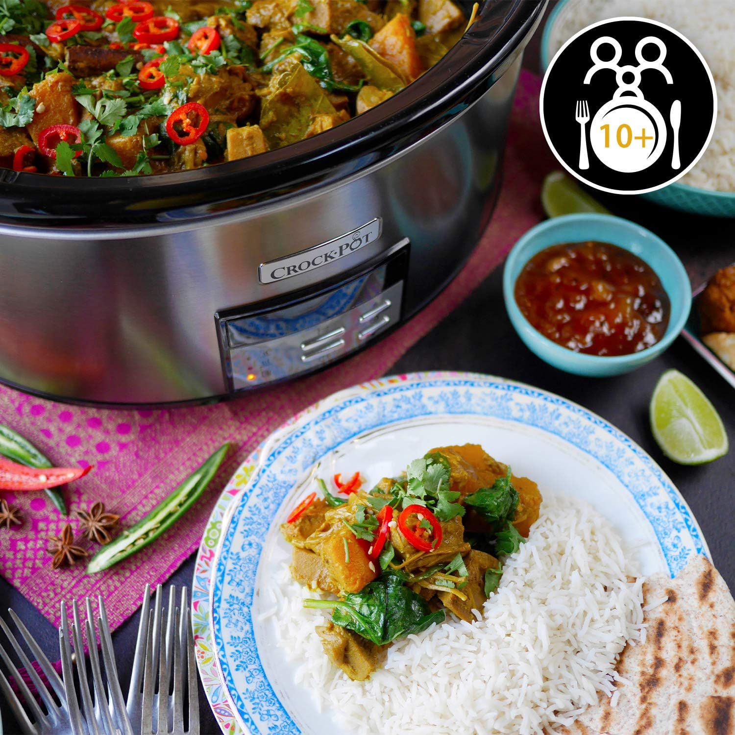 Crock-pot Slow Cooker, Slow Cooker, Extra Large 7.5 Litres, Up to 10 People, Automatic Shutdown, 2 Cooking Settings and Automatic Warm Function, 230 W, Ceramic, Silver