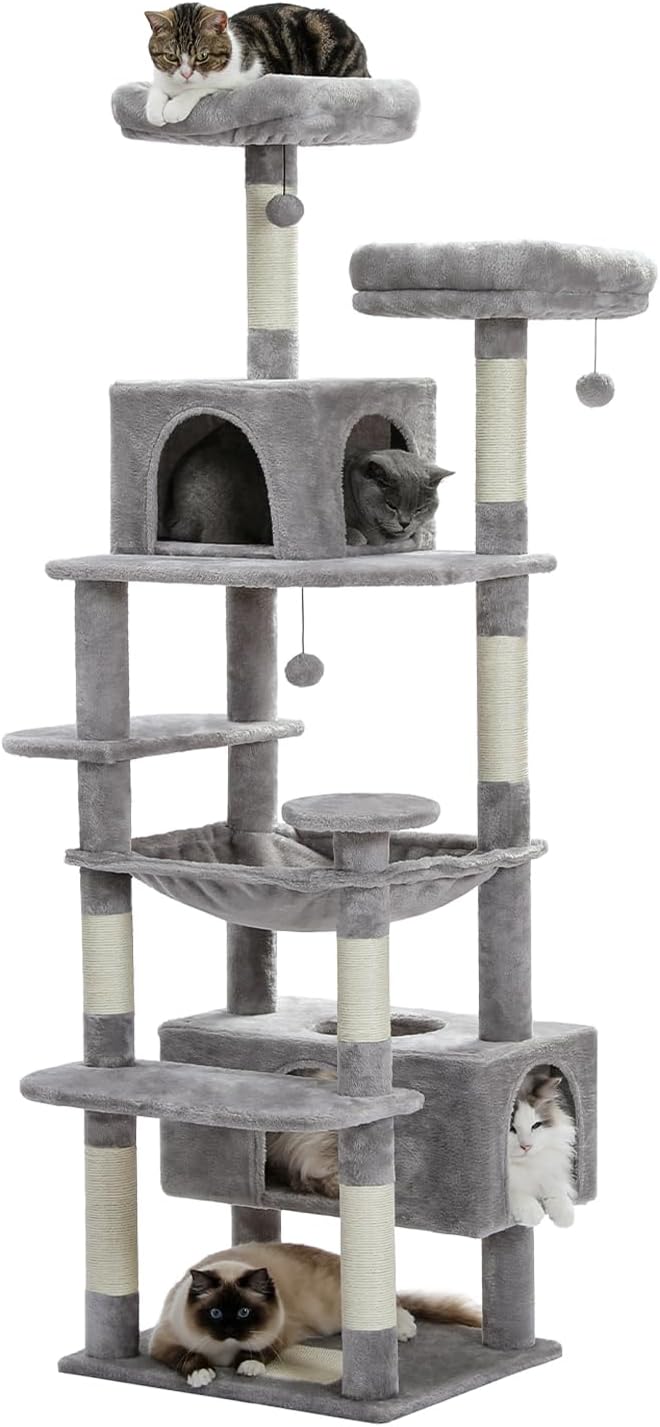 PAWZ Road Cat Scratching Post 164cm Tall with Spacious Hammocks, Condos and Scratching Posts, with Double Padded Perch for Large Cats - Grey