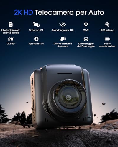2K Dash Cam Wi Fi Con Scheda 64GB, Telecamera per Auto Mini con APP, Supporta Modulo GPS Esterno, Grandangolare di 170°, Visione Notturna, 24H Monitor di Parcheggio, Rilevamento di Movimento, G Sensor : Elettronica