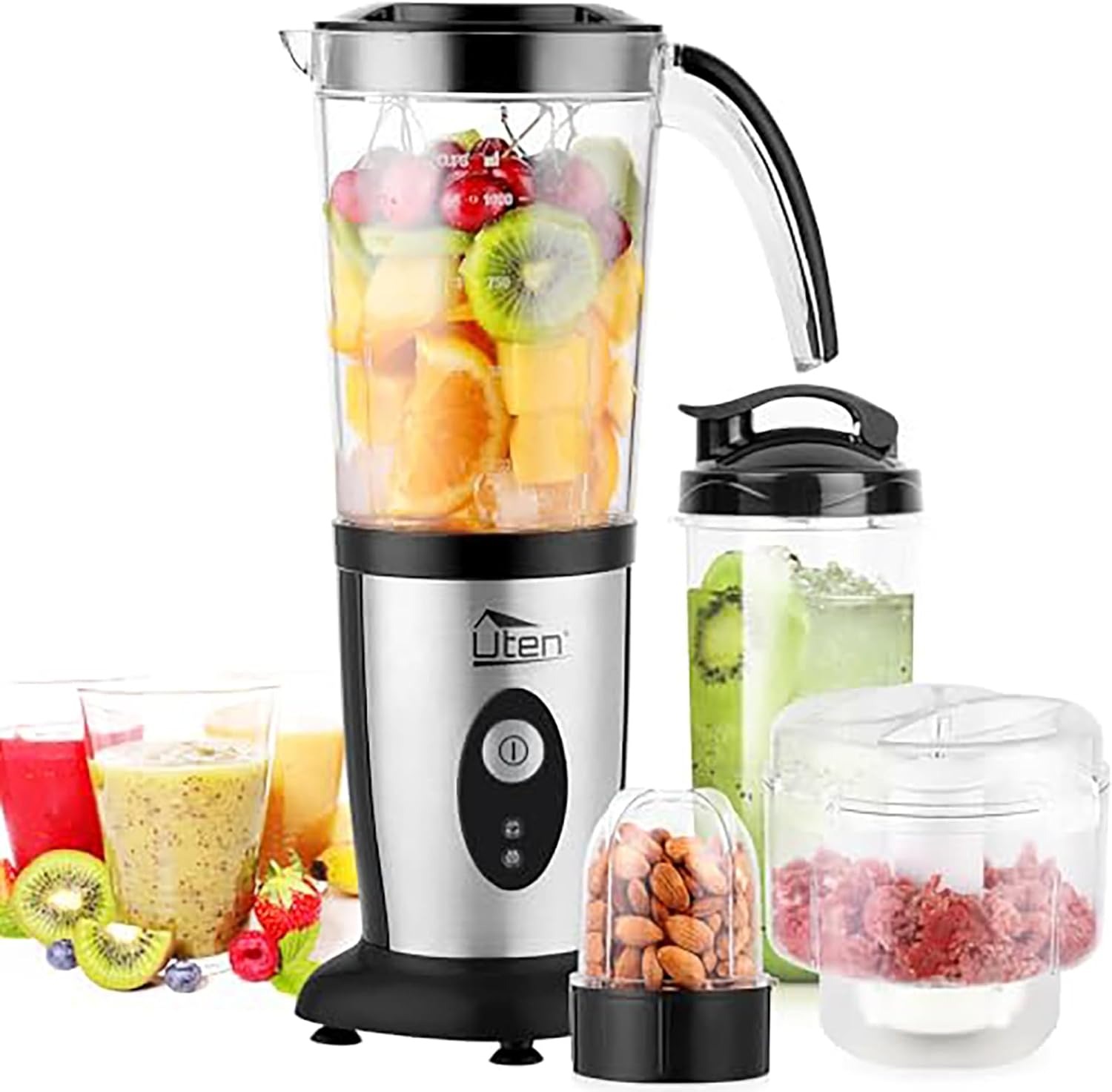 Uten Frullatore Smoothie, 5 in 1 Mini Blender Frullatori da Cucina, 220W Juicer per Frullato, Frullatore Portatile con Tritacarne, per Sport, Viaggi e Casa, 22000r/min, Fucco di Frutta e Verdura
