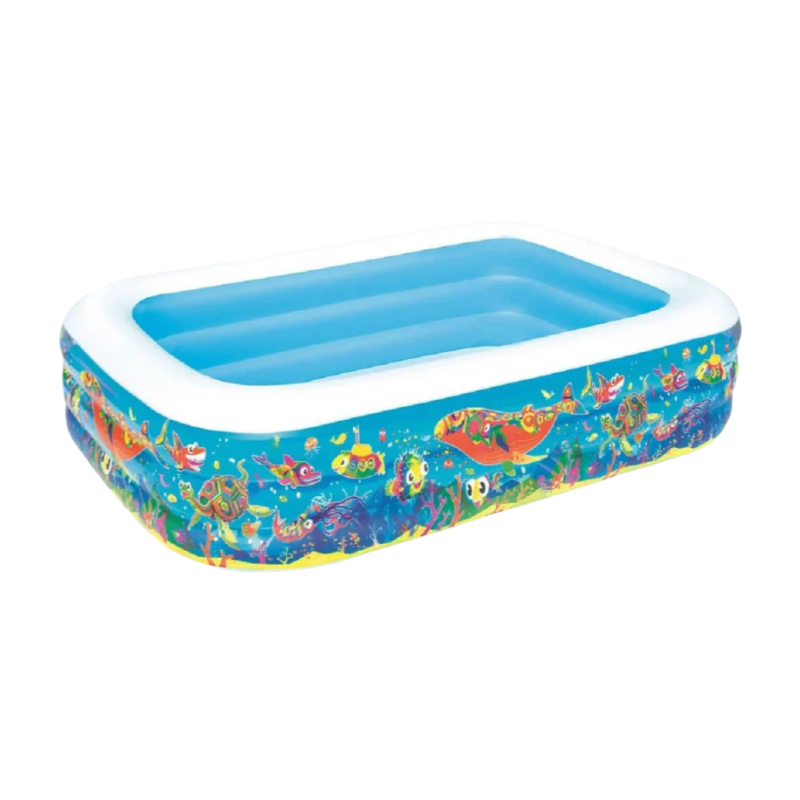 Trade Shop - Piscina Gonfiabile Family Rettangolare 3 Anelli Fantasia Pesci 229x152x56cm