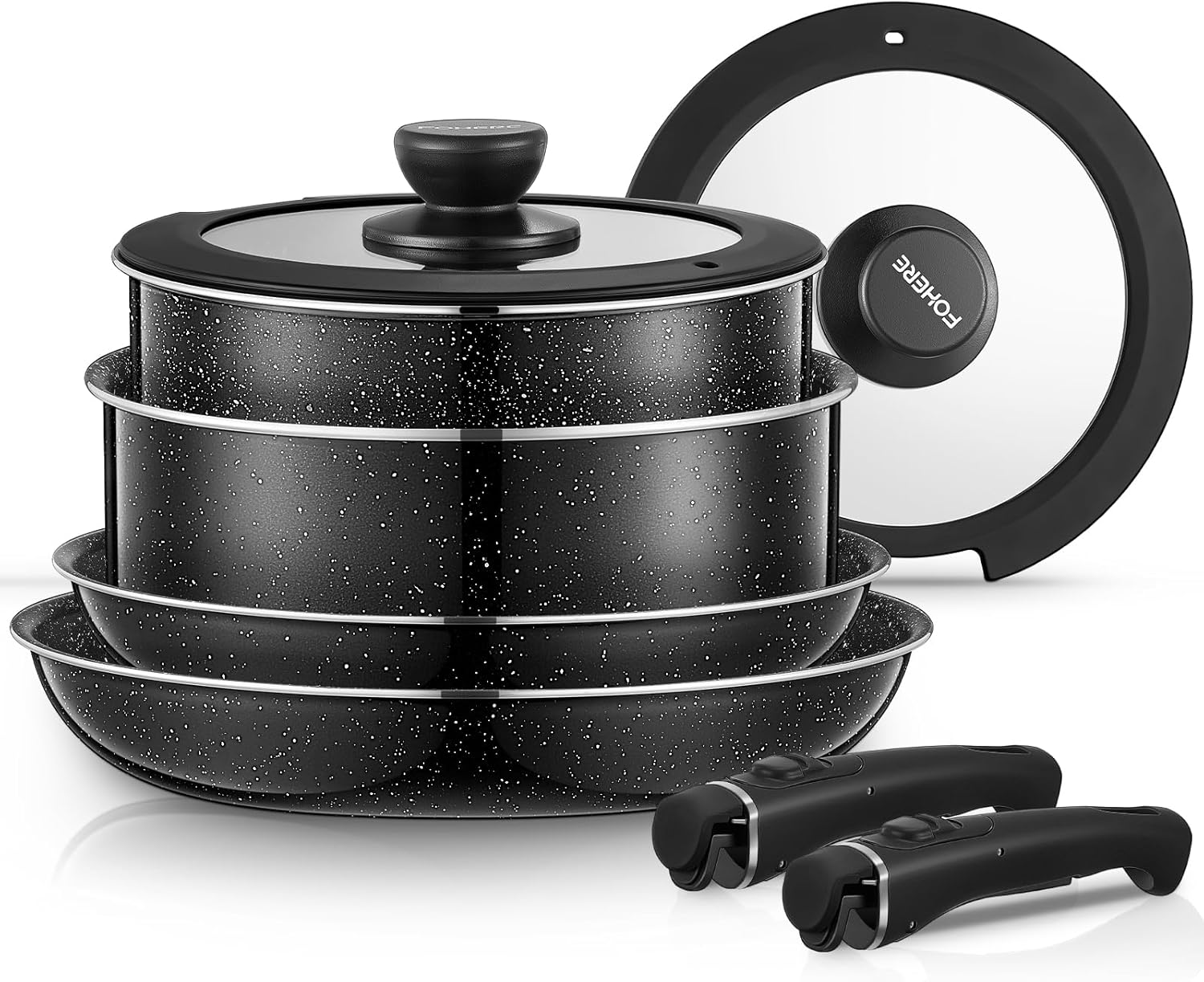 FOHERE 8-Piece Cookware Set with 2 Removable Handles and 2 Lids, Frying Pan 20/28 cm, Saucepan 16/20 cm, Non-Stick for Cookware, Aluminium, Suitable for Induction, Dishwasher, Gas and Oven