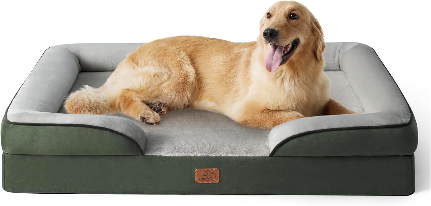 Bedsure Letto per Cani Grande 89x63x18cm - Divano per Cani Taglia Gande in Uovo Foam, Colore Grigio, Cuscino per Cani Sfoderabile e Lavabile