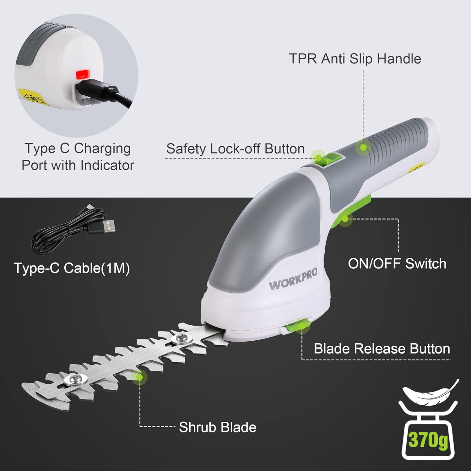 WORKPRO Forbici a Batteria 2 in 1, 3,6 V Cesoia Elettrica a Batteria al Litio 2 Ah, Il Tagliasiepi per Larghezza di Taglio 75 mm, Lunghezza di Taglio 118 mm, Adatto al Giardino il Tagliasiepi (Verde)