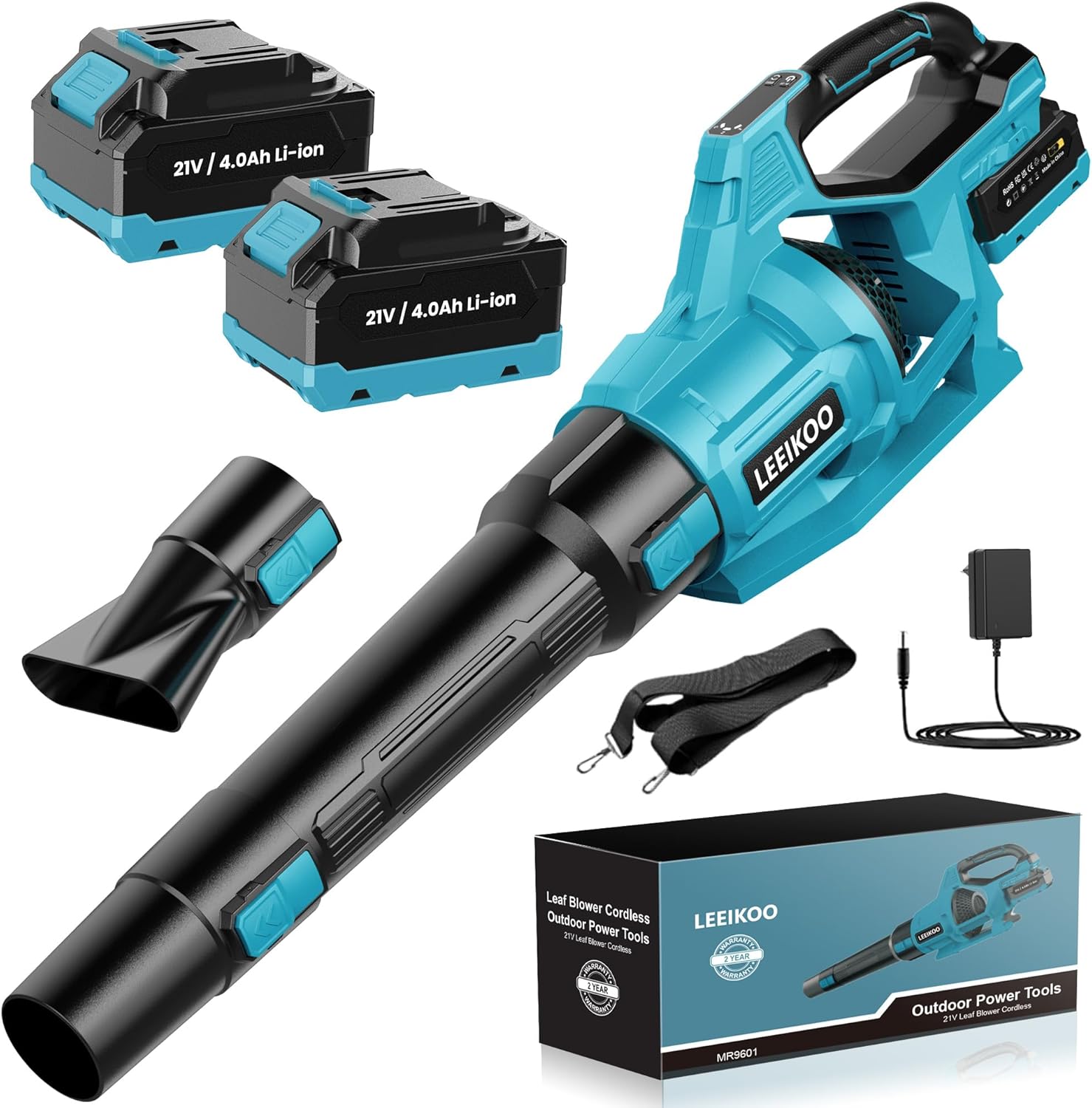 LEEIKOO Battery Blower, 21V Leaf Blower with 2 4.0Ah Battery, 3 Speed Settings, 2 Detachable Blow Tubes, Garden Cleaning Mud Belt