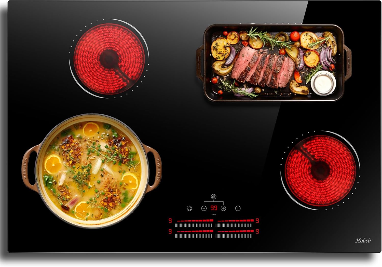 Hobsir Electric Glass Ceramic Hob, 4 Burner Plate, 6000W, 9 Power Levels, Safety Lock, No Plug Included, Built-in, Hobsir