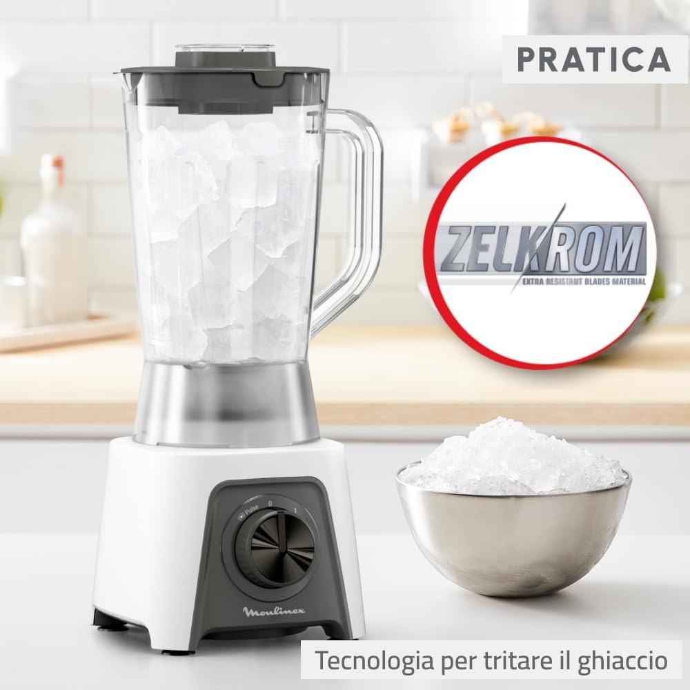 Moulinex Blendeo + Frullatore Elettrico, 450 W, 1.5 L, Tritatutto con 2 Velocità, Funzione Pulse e Tritaghiaccio, Blender Frullato, Etichetta Duraforce e Tappo Dosatore, Bianco, LM2C01