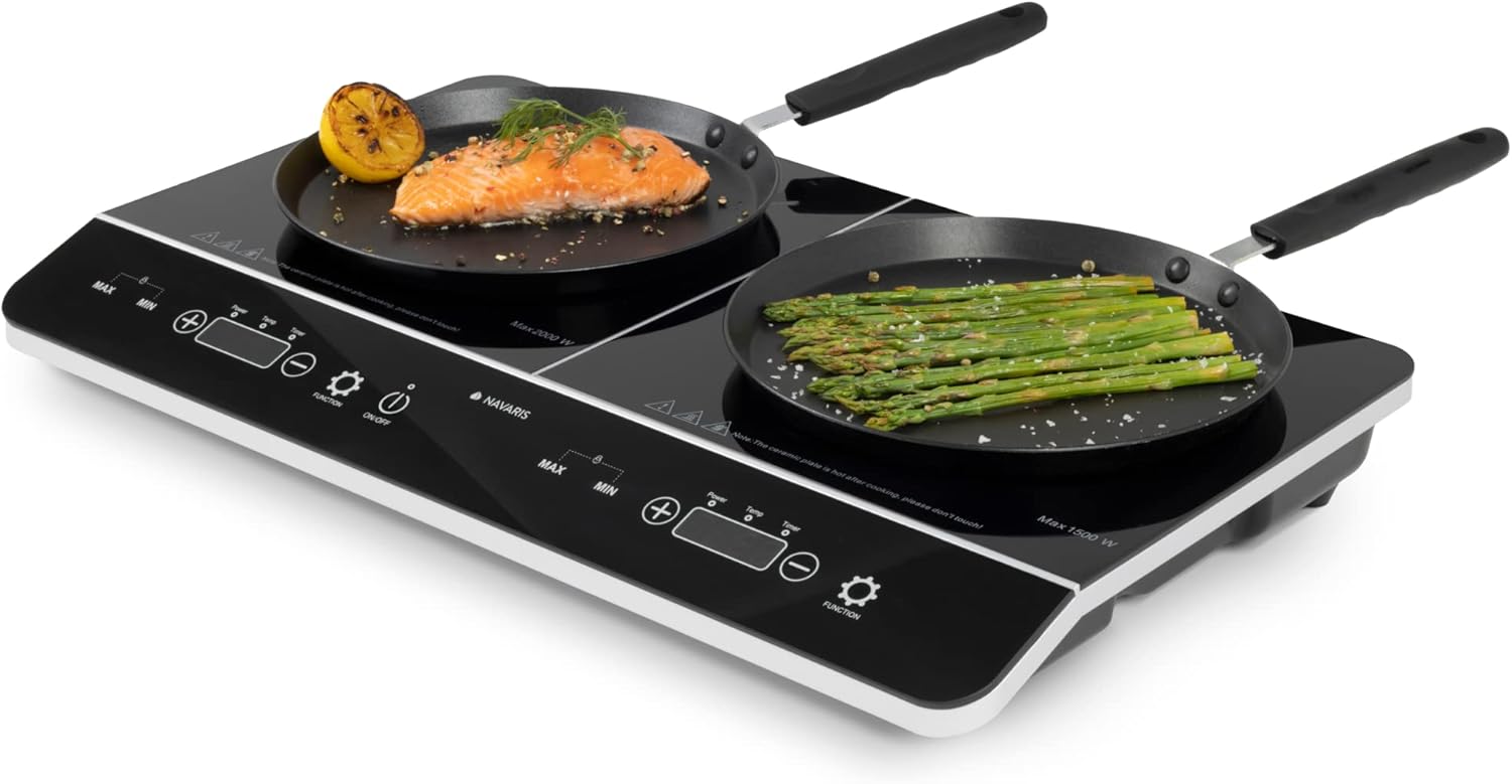 Navaris Piastra ad induzione Doppia 3500W - Piano di Cottura a 2 fuochi da Tavolo - Fornello Elettrico Doppio Portatile - Piastre Induzione con Controllo Touch Display LED