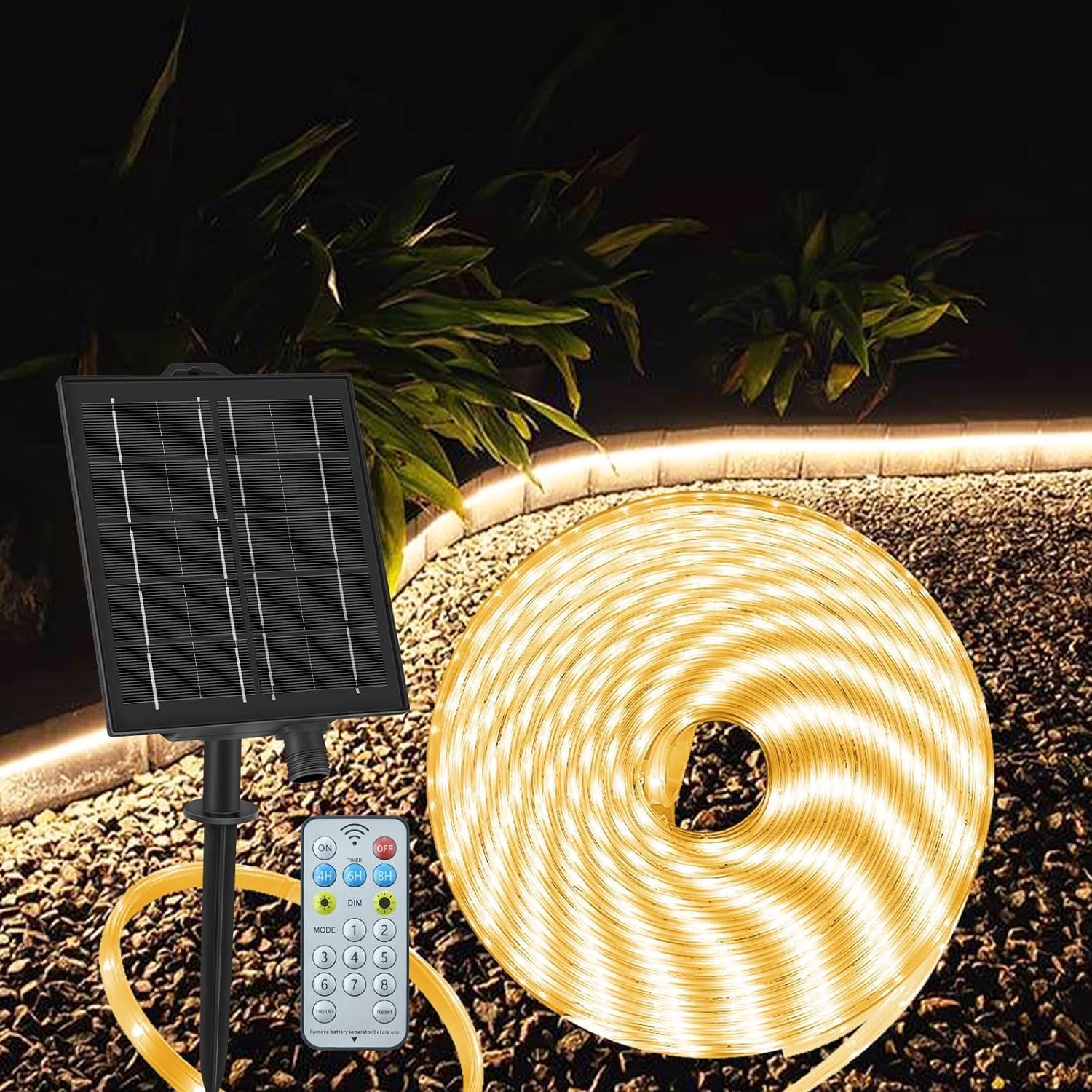 ZAIYW 10M Striscia LED Solare per Esterni, IP68 Impermeabile Solare LED Striscia con Telecomando e Timer, Autoadesiva e Tagliabile per Giardino e Cortile (Bianco Caldo)