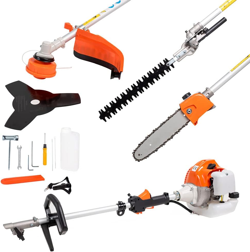 AMC Multifunctional Petrol Brush Cutter 4 in 1 Hedge Trimmer and Chainsaw 52cc 2 Stroke Engine Includes Double Wire Head and Three-Teeth Steel Disc