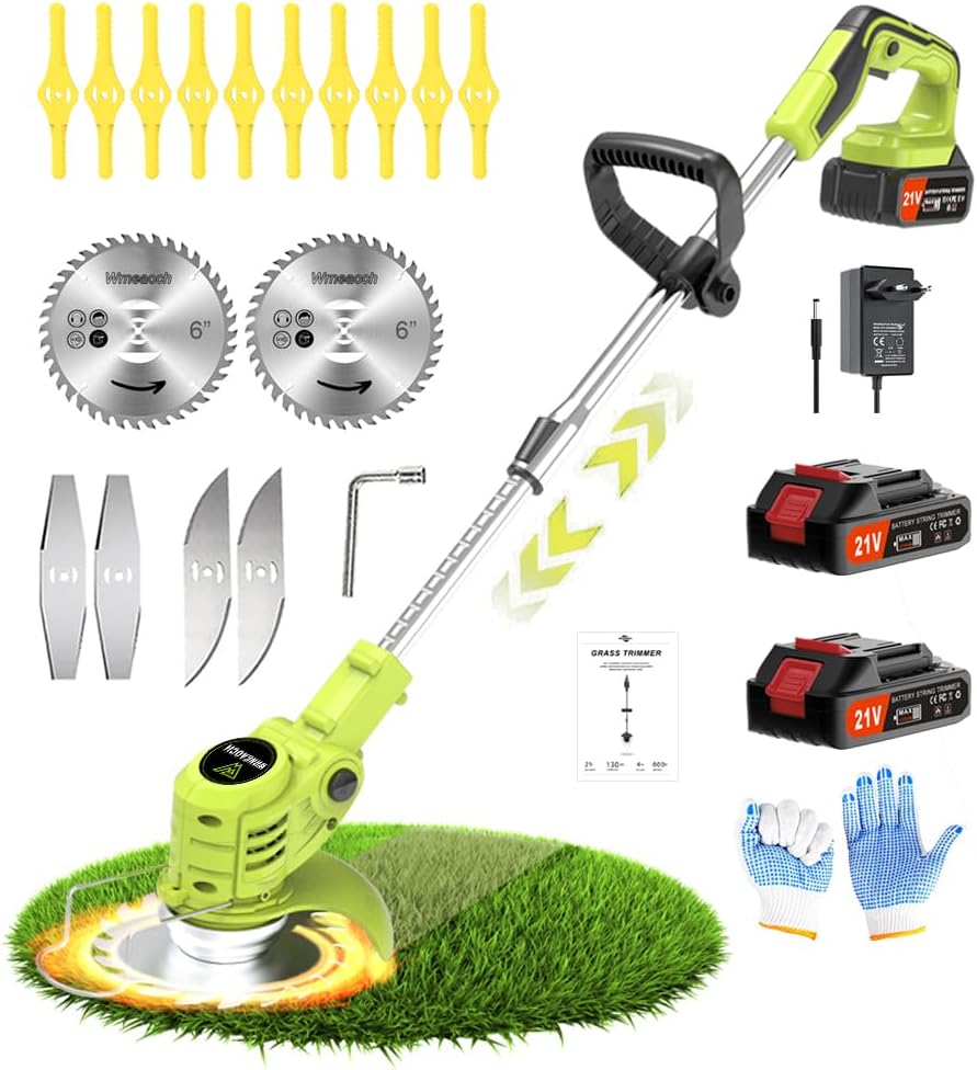 21 V Wrneaoch Battery Grass Trimmer Electric Brush Cutter with 6,000 RPM and 650 W Motor with 2 Batteries of 2.0 Ah is Ideal for Cutting Grass Effectively and Without Effort