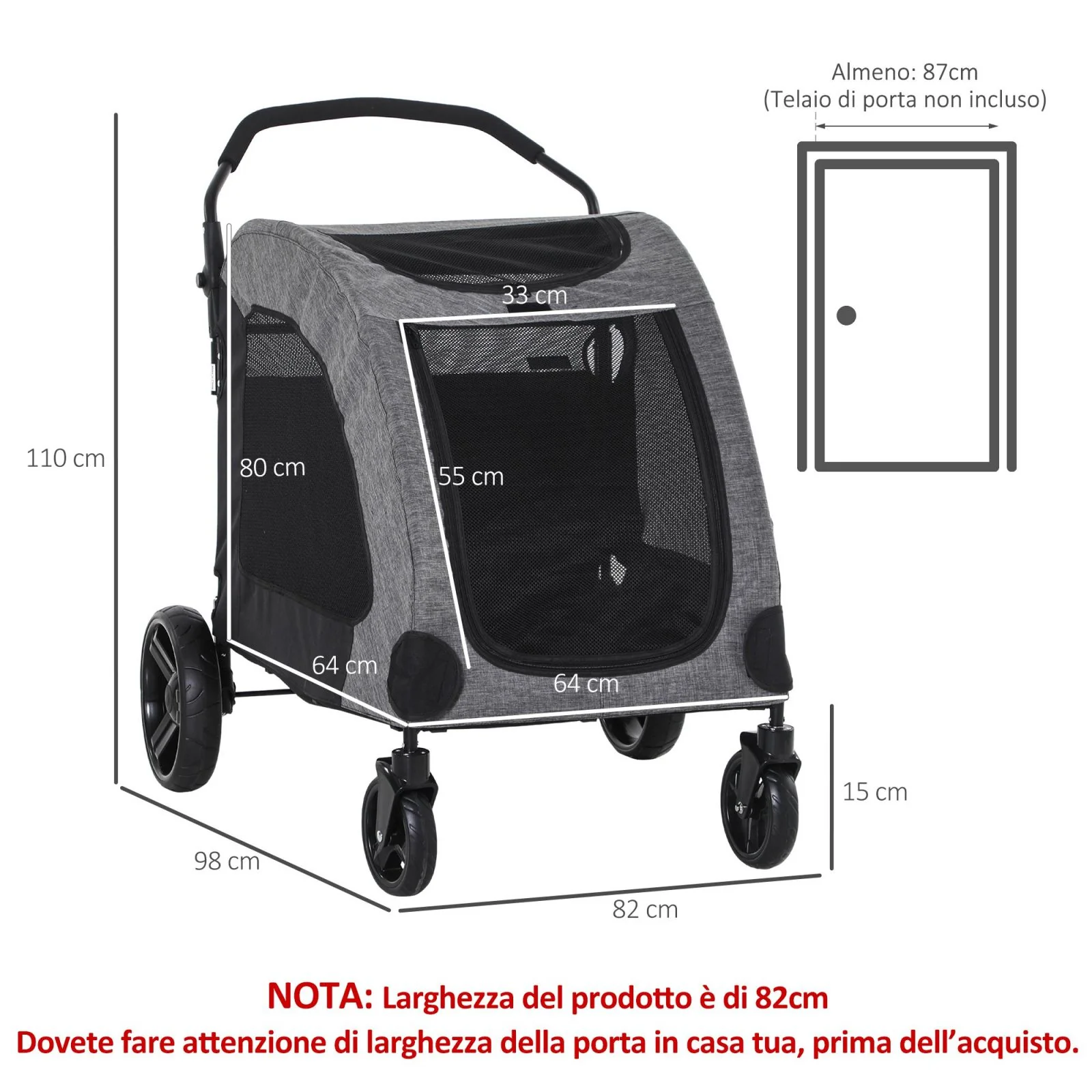 EASYCOMFORT Passeggino per Cani di Taglia Medio-Grande fino a 55kg in Acciaio e Tessuto Oxford Nero e Grigio