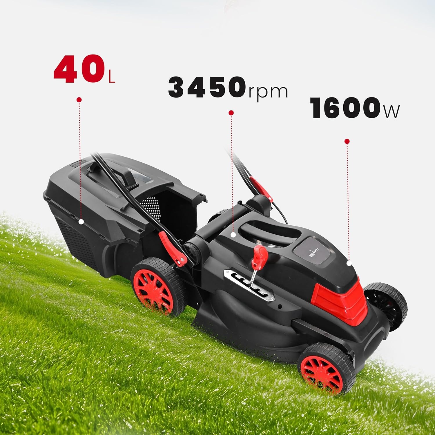 LEHMANN Tagliaerba Elettrico per superfici fino a 1000 m², 1600 W, Larghezza di Taglio 38 cm, Cesto Raccoglierba 40 L, Regolazione Altezza Taglio 5 Livelli 25–75 mm, 3450 giri/min
