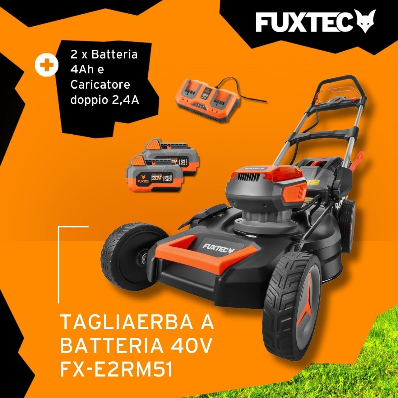 Fuxtec Tagliaerba a Batteria 40V (2x20V) E2RM46 semovente, Mulching e Scarico Laterale - Set Batterie 2x4Ah e Caricabatterie - Larghezza di Taglio 46cm, 50L, Altezza di Taglio 25-75mm