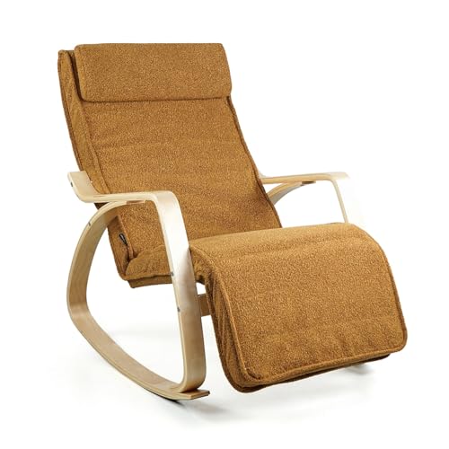 WeHome   Sedia A Dondolo Swing Amor Con Braccioli In Legno, Rocking Chair, Poltrona A Dondolo Con Poggiapiedi Regolabile, Poltrona Salotto, Poltrona Camera Da Letto (Bouclé, Ocra) : Casa e cucina