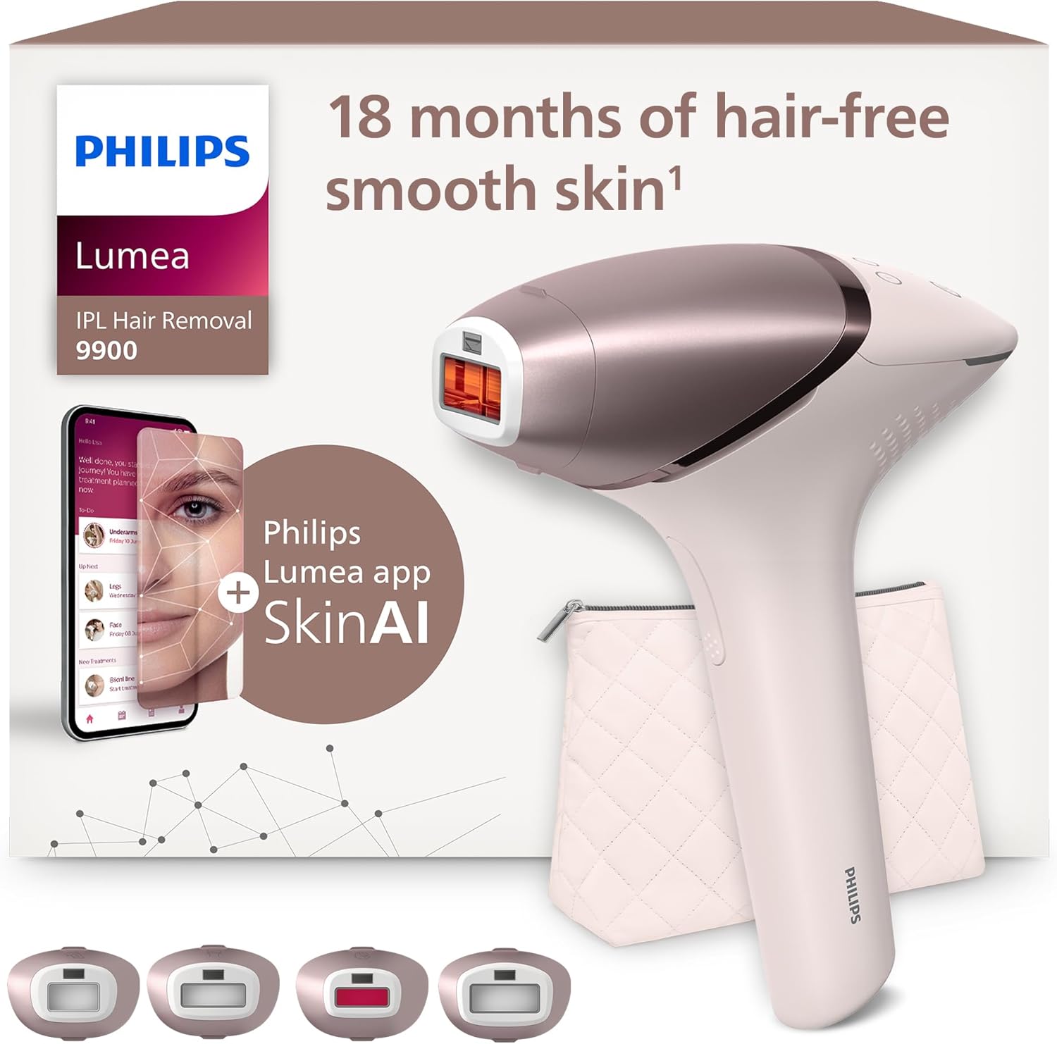 Philips Lumea Series 9900, dispositivo di epilazione IPL con tecnologie SenseIQ e SkinAI, 4 accessori per viso, corpo, ascelle e zona bikini, con filo e senza filo, modello BRI951/00