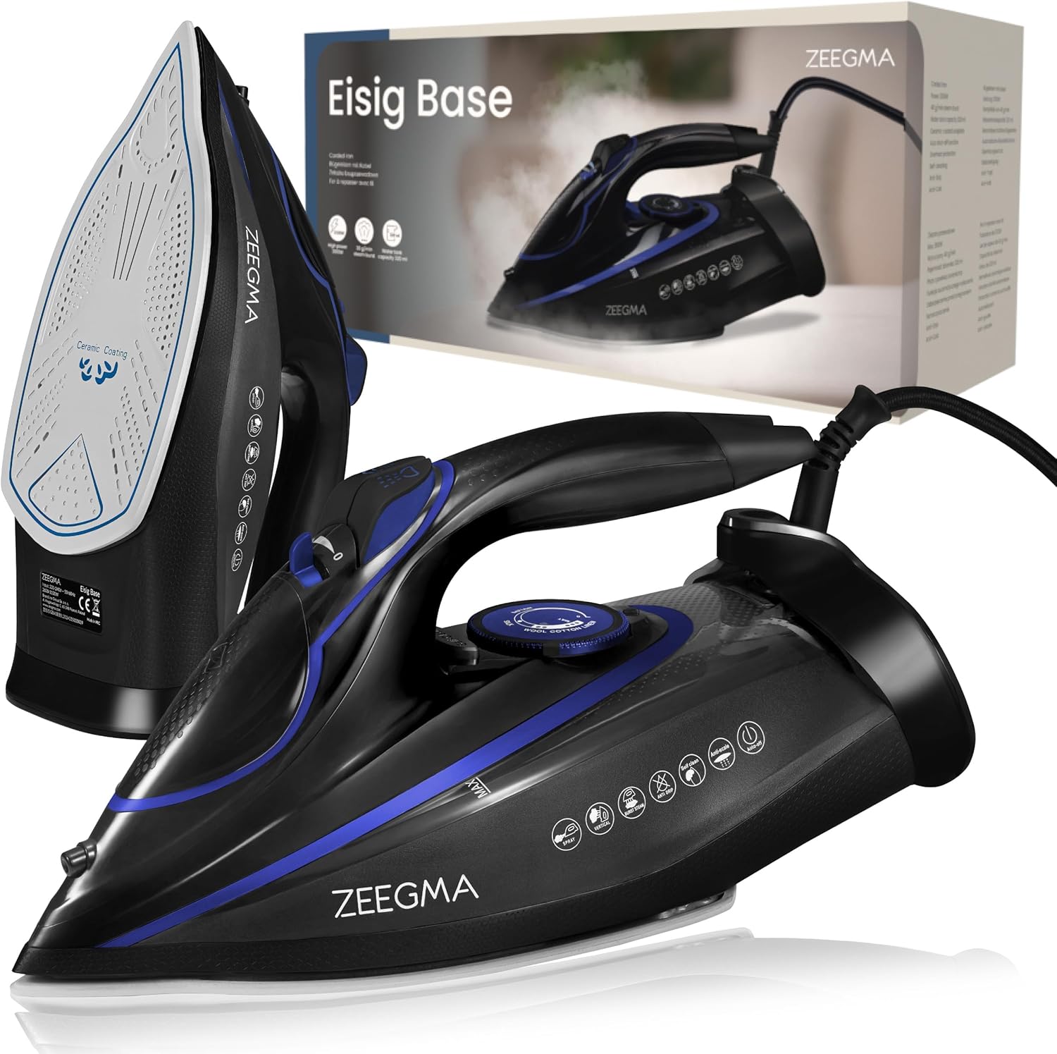 ZEEGMA IRONEE Cordless and Wired Iron with Ceramic Coating 2600 W, Horizontal and Vertical Ironing Tank 320 ml Self-Cleaning Anti-Drip and Anti-Limescale Ironing