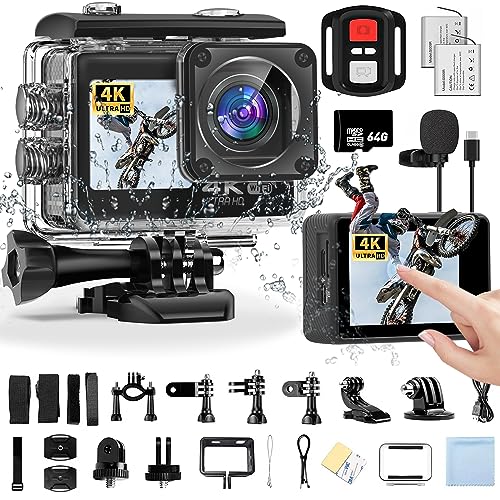 ACProPlus Action Camera 4K, videocamera sportiva WiFi con touch screen, doppio schermo, fotocamera subacquea impermeabile da 131 m, EIS 2.0, grandangolo 170°, zoom, 2 batterie e kit di accessori per : Elettronica