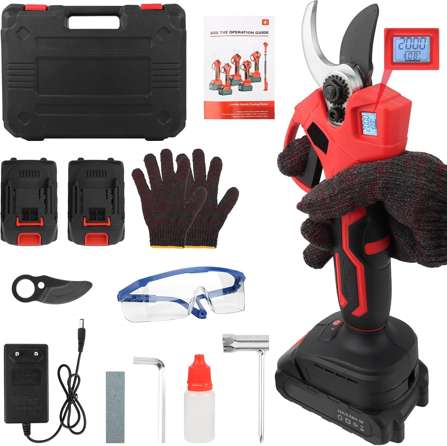 Electric Garden Shears with Battery, 2000mAh Brushless Motor, Bypass + LED Counter as Gift for Women and Men, Electric Pruners, Garden Shears with Battery