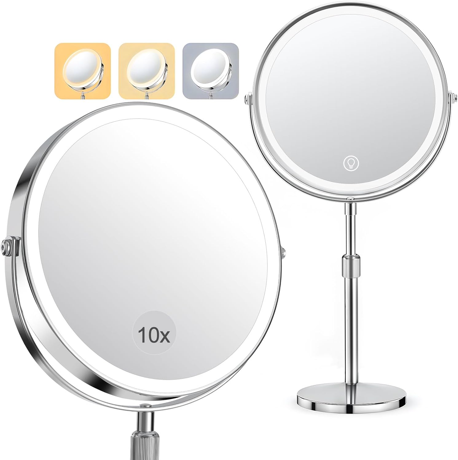 Specchio Ingranditore 10X/1X, Specchio Trucco ricaricabile 3 Luci di Colore, LED Dimmerabile e Regolabile in Altezza Rotazione a 360 Stile Retrò, Specchio Cosmetico Bifacciale e Supporto Cromato