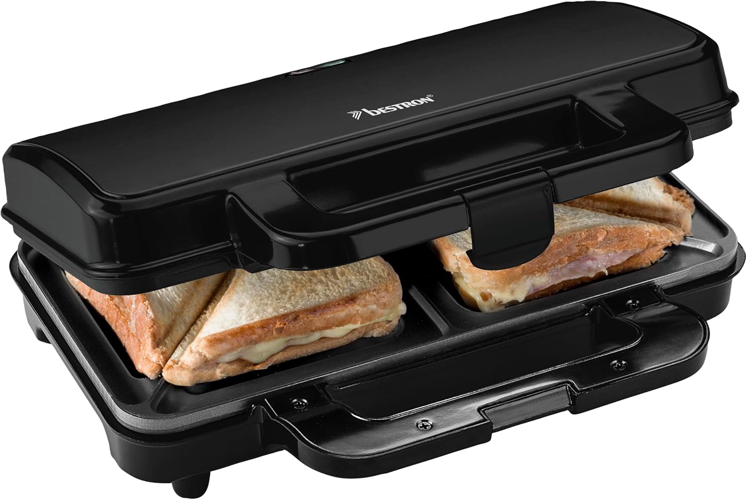 Bestron XL macchina per sandwich, tostapane con rivestimento antiaderente per 2 sandwich, incl. controllo automatico della temperatura e indicatore di pronto, collezione Black label, colore: nero/rame