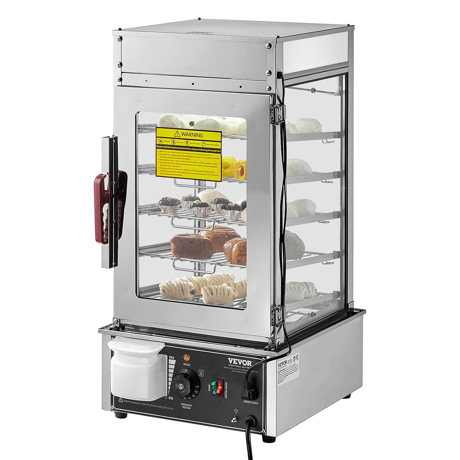 VEVOR Commercial Food Warmer Display 5 Shelves 1200W, Temperature Control 30℃~110℃, Stainless Steel and Glass Food Warmer with LED, Steam Heating for Siomai Corn Steamed Sandwiches