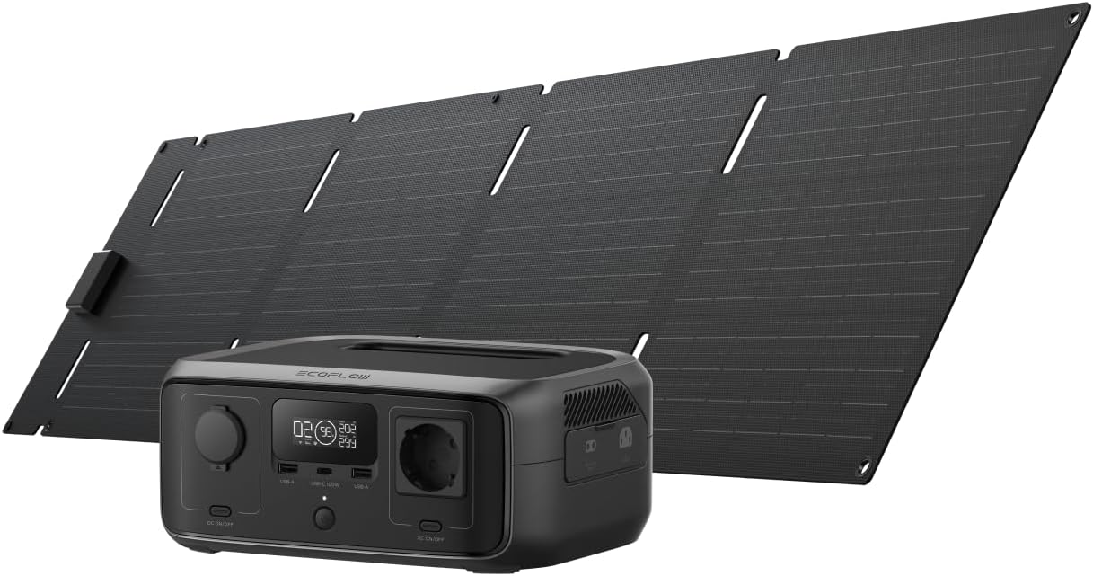 ECOFLOW RIVER 3 Portable Power Station with 110W Panel, 245Wh LFP Battery, Max Output 600W, Dual Function Time with GaN, UPS <20ms, Solar Generator 30%+ Compact for Outdoors, Camping