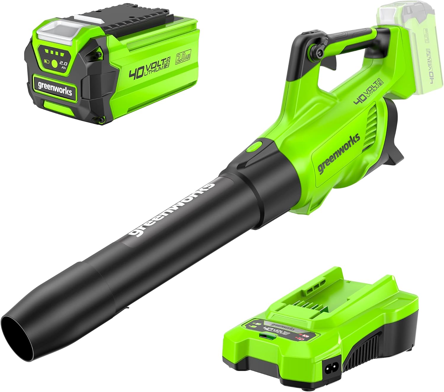 Greenworks 40 V Battery Blower, Air Speed 193 km/h, Air Volume 14.2 m³/min, Adjustable Nozzle, Infinitely Variable Speed (With 2Ah Battery and Charger)