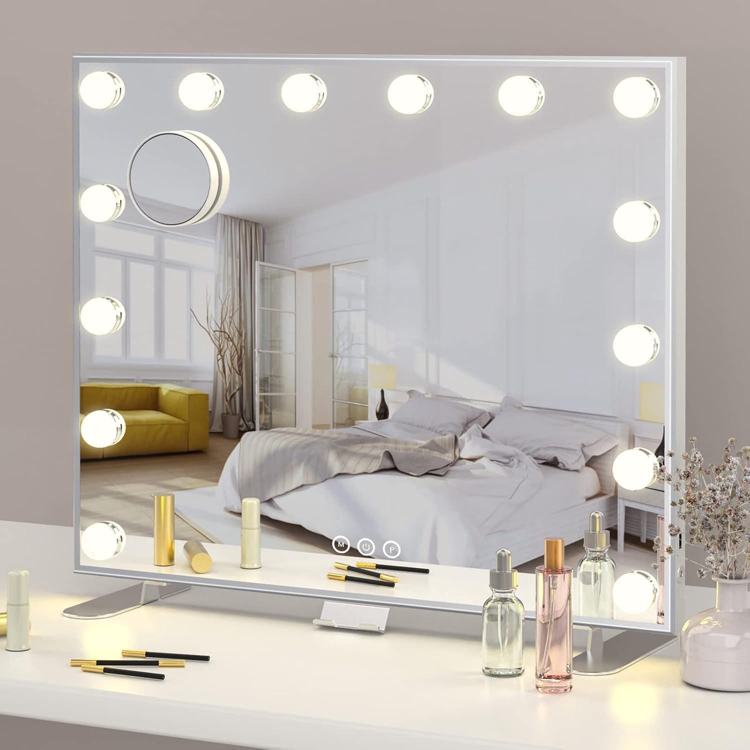 ADDCOLOR Hollywood Specchio Trucco con Luci, Specchio da Tavolo con 15 LED Lampadine e Porta di Ricarica USB, 3 Modalità di Illuminazione Regolabili Specchio da Parete con 10X Specchio (58*2,8*46CM)