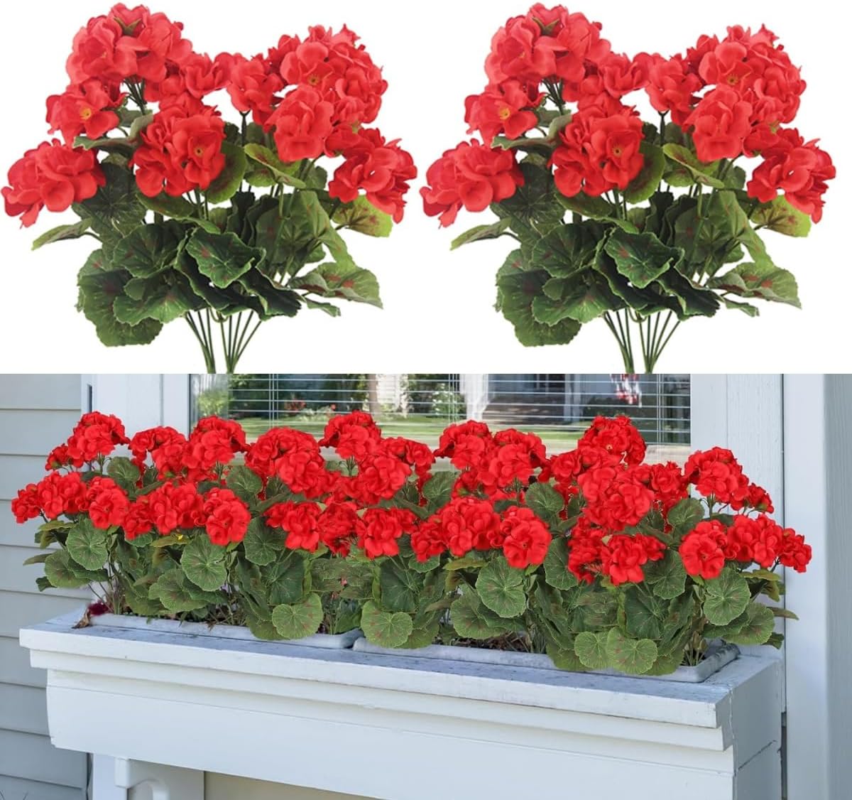 Laelfe 4 Pcs Gerani Rossi Finti da Esterno, Fiori Finti Artificiali Geranio per Esterno Balcone Patio Cimitero Sospensione di Fioriere Decorazione per Tavolo (Rosso-4 Pcs)