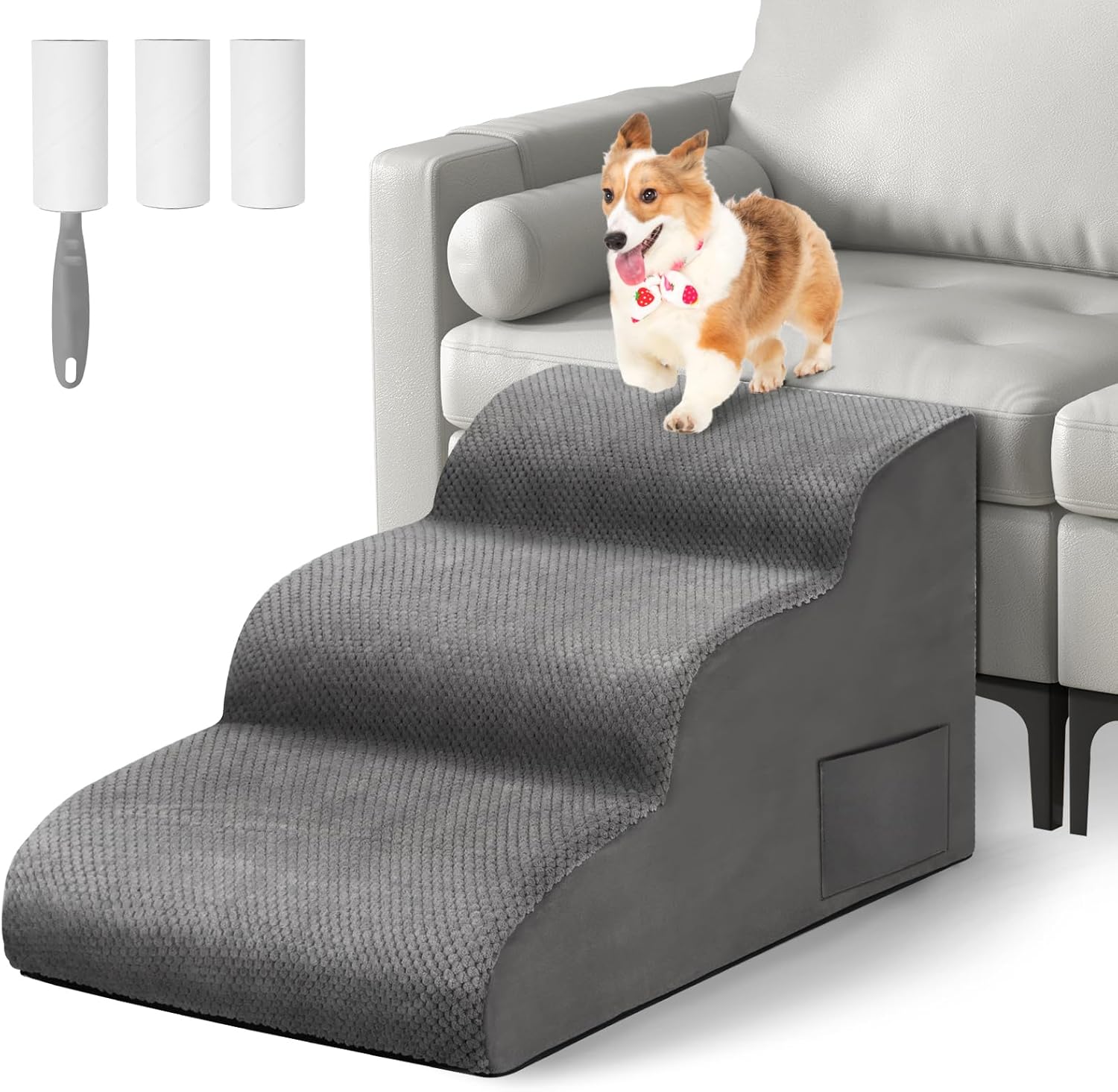 Otauoaea Scaletta per Cani 3 Gradini, Scale per Animali Domestici, Rampa con Copertura Rimovibile, per Divano e Letto, Piccola Taglia con Rullo Rimuovipeli