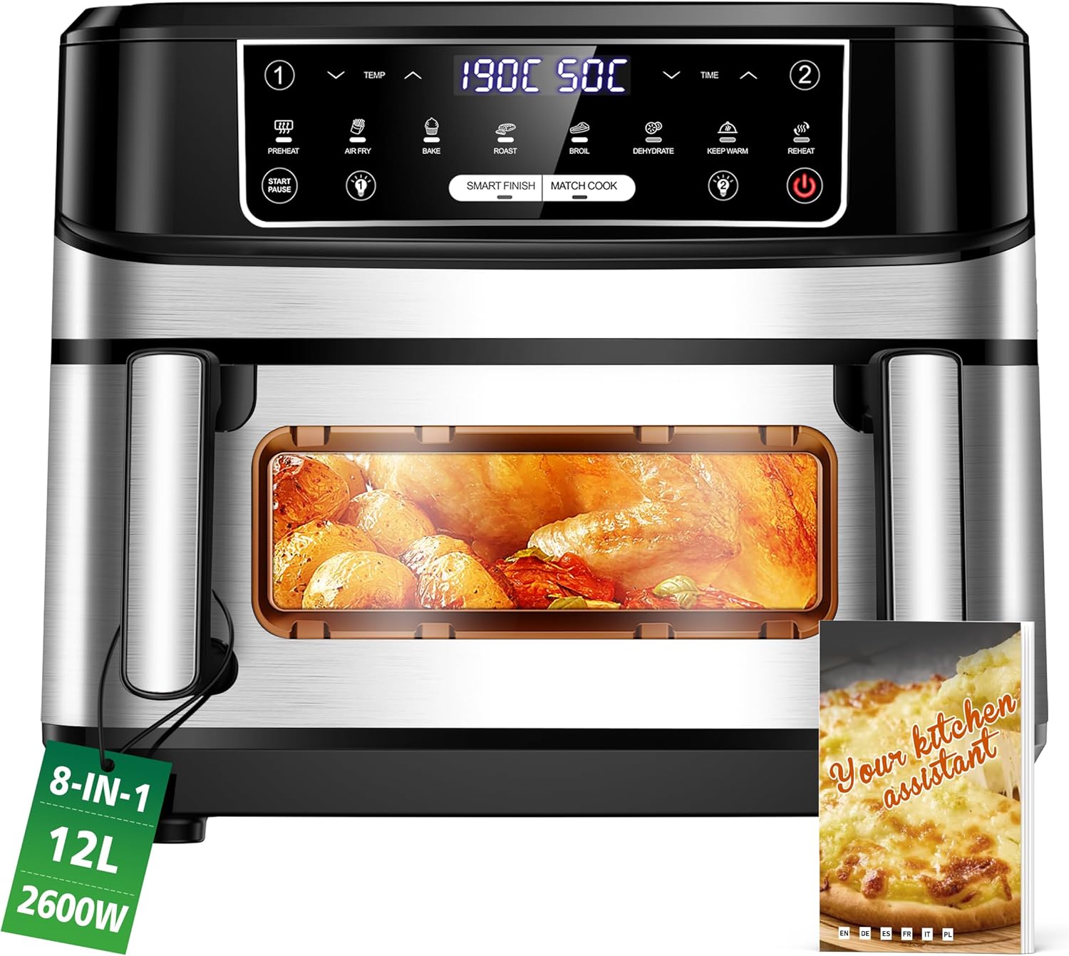 2 Chamber Hot Air Fryer | Air Fryer 12L Double Chamber Adjustable Single Chamber, 2600W 8 in 1 Hot Air Fryer with Double Chamber Separate Temperature Control