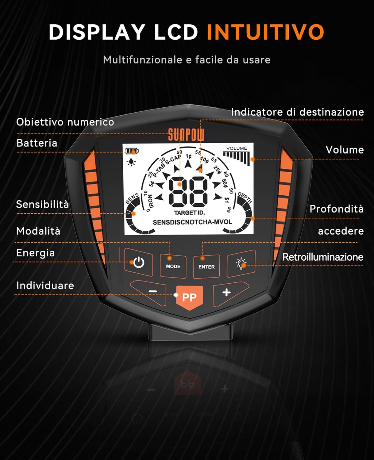 SUNPOW Professional Adult Metal Detector – High Precision, Waterproof Coil, 12 Inch Backlit LCD, 2X Backlit LCD, Advanced DSP Chip, 5 Modes, Adjustable Length, Robust Structure – OTMD14