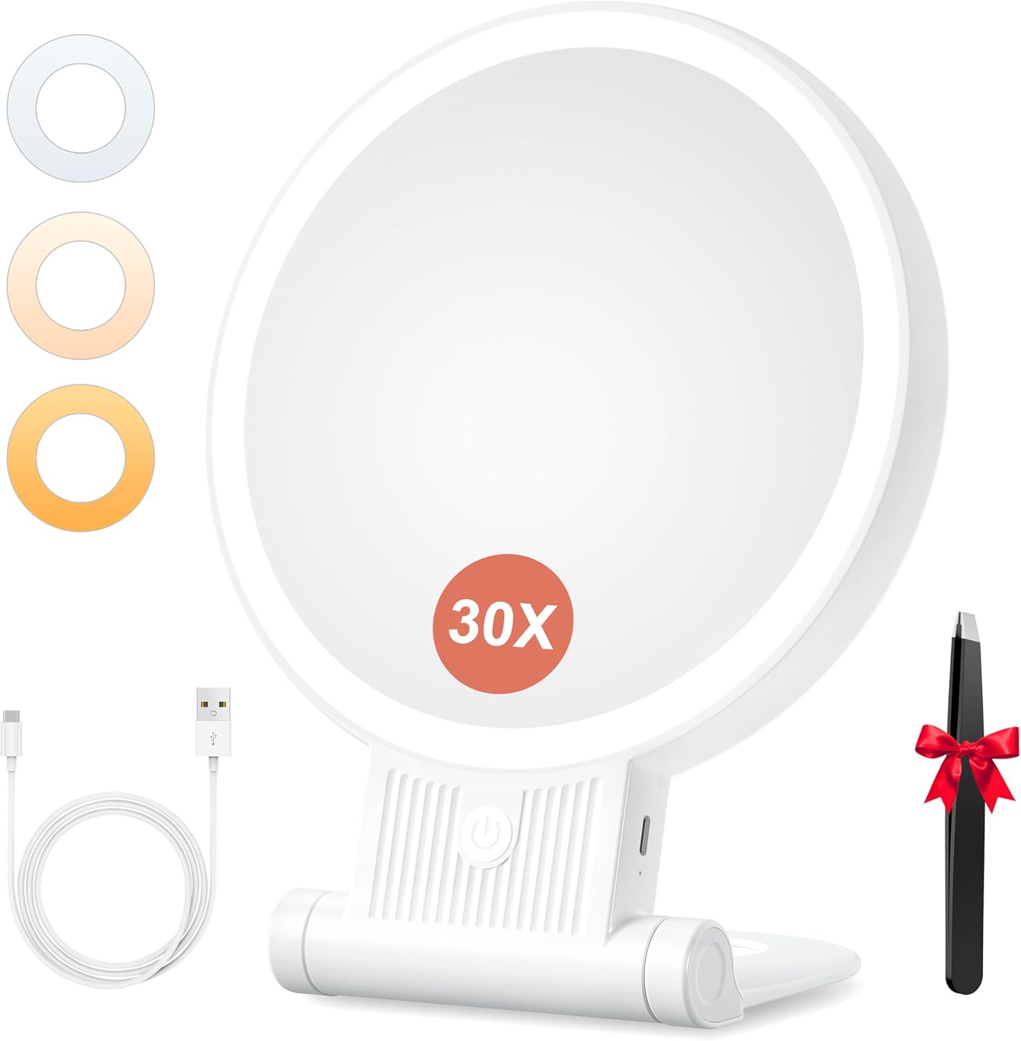 Auxmir Specchio Trucco con Luci LED, Specchio Ingranditore 30X/1X a Doppio Lato, Luminosità Regolabile a 3 Colori, Specchio da Tavolo Pieghevole con Foro per Appendere, Ricaricabile e Portatile