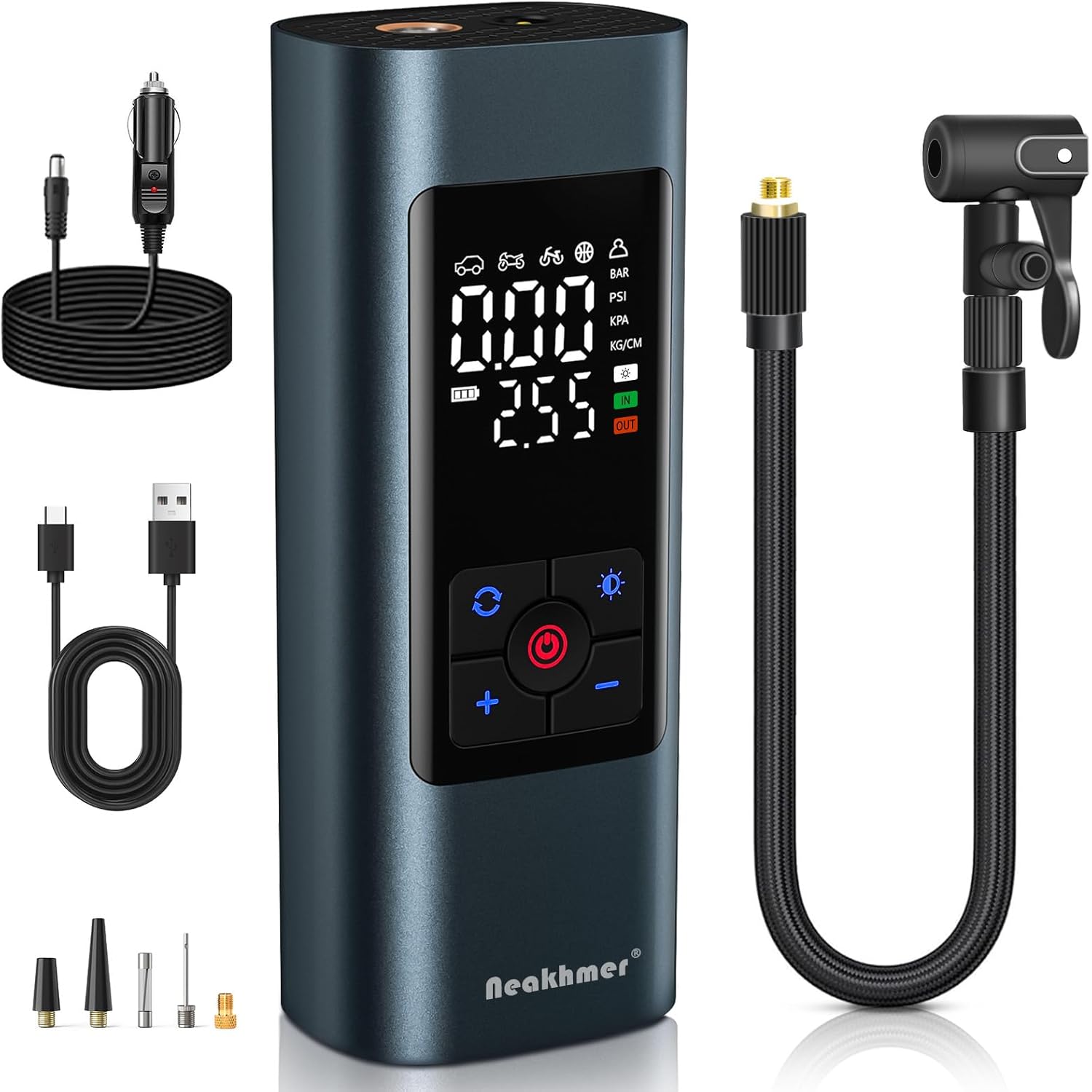 Neakhmer Mini Compressor Air Pump: 150 PSI Electric Air Pump with Deflate Function - Portable Pump for Car, Motorcycle, Bicycle