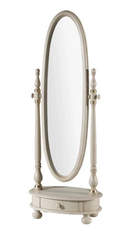 Specchiera girevole ovale laccata avorio con particolari foglia oro  misure: l. 62 x h. 169 x p.37