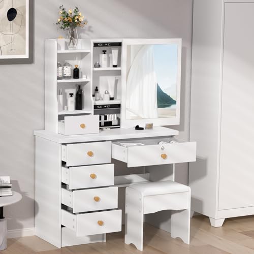 Tavolo da trucco bianco con specchio, 6 cassetti e ripiani aperti, elegante tavolo da toeletta in legno per camera da letto : Amazon.it: Casa e cucina