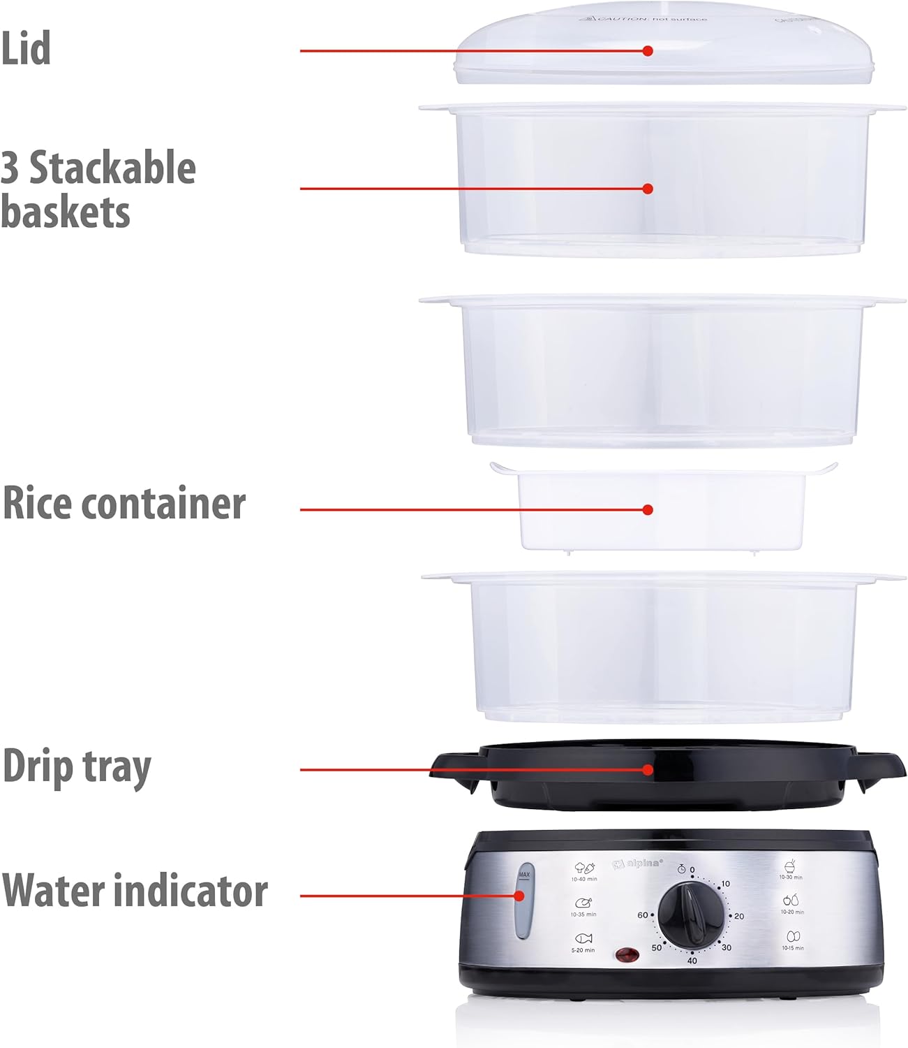 alpina Vaporeira Elettrica – 800W Steam Cooker – 3-Layer Steamer – Electric Steamer BPA Free – Dishwasher Safe – 0 to 60 Minutes – 9L Capacity – Grey